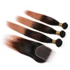 # 1B 4 30 Ombre capelli umani Fasci e chiusura 3 Tone estensioni dei capelli castano dorato Ombre brasiliani tessono Bundles capelli umani con chiusura