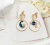 2020 Fashion Blue Asymmetrical Cubic Zircon Sun Moon Gold Color Long Ear Threads Linear Dangle Round Drop Earrings for Women Gift7985339