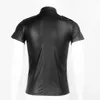 Sexy Black Faux Leather Men Shirt Wet Look Stretch Undershirt Latex Gay Novelty Short Sleeve Uniform Clubwear Male Stage Nightclub Costume