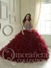 Quinceanera robes en rouge profond sexy décolleté en forme de cœur avec bord de feuille de lotus et sangle arrière queue de sable ougen