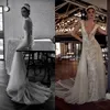 2020 Julie Vino Robes sirène Deep V Neck Neck Tulle Overskirt Robes de mariée en dentelle