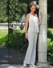 Elegante moeder van de bruid 3-delige broek pak chiffon strand bruiloft moeders jurken goedkope mouwloze moeders formele slijtage