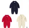 Çocuk Erkek Giysileri Tulum Bebek Örme Katı Tulumlar Uzun Kollu Toddler Gümüşme Yaka Onesies Yenidoğan Button Playsuits Bodysuit D6410