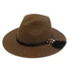 Chapeau de paille en plastique unisexe printemps été fête rue plage en plein air chapeau de soleil large casquette à bord souple Panama amant haut chapeau avec ceinture B240r