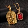 Nouveau chef indien Bling cristal strass pendentif avec rouge rubis pendentif collier ensemble hommes mode Hip Hop bijoux