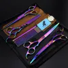 with leather case High-grade freelander 7.0 inch 62HRC hardness 6CR stainless steel 4 rainbow/golden hair scissors kit + comb