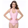 Halterneck korsett med spets g-sträng kvinnor mode s-xxl crotch lace trim brocade jacquare satin overbust corsetlet rosa