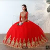 Long Sleeve casamento Red Dresses Gold Lace Floral alta Neck Lace-up Tulle A-line recepção do casamento vestidos de noiva Robes De Mariée até o chão