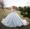 Princess Quinceanera Dresses Ball Gown Sexy Sweetheart Tulle Light Blue Long Train 3D Flowers Appliques 15 Years Sweet 16 Gowns