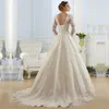 Abiti da sposa personalizzati in pizzo a maniche lunghe per abiti da sposa da sposa 2024 Eleganti con applicazioni a fascia Strascico di corte Gioiello Collo A Line Abito da sposa