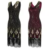 1950'lerde eski Parti Elbise Kadınlar Pullarda Elbise Püskül Boncuklu 1920'ler Gatsby Clubwear Parti Elbise dişi Glitter Siyah / Burgonya