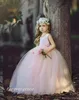 2019 Puffy Tulle Floor Length Cute Princess Girl's Pageant Dress Vintage Blush Pink Arabic Party Flower Girl Pretty Dress For Little Ki