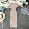 New design women's fashion o-neck short sleeve thread knitted bodycon tunic double breasted patchwork knee length pencil dress