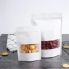 White Kraft Stand Up Bags Sacco di carta con cerniera riutilizzabile con finestra per snack Cookie Sacchetto di imballaggio a prova di umidità