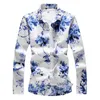 2018 Men's Autumn Print Long Sleeve Shirt Youth Fashion Flowers Navy Blue Hawaiian Shirt Satin flower Camisa 7502 M-7XL