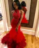 Kırmızı Mermaid Gelinlik 2K19 Afrika Siyah Kız Seksi Backless Abiye giyim Aplikler Boncuklu Ruffles Etek Halter Boyun Örgün Parti Elbise
