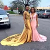 African Gold Open Back Vestidos de baile para niñas negras Cuello alto Mangas largas Sweep Train Sirena Vestidos de noche con oro 3D rosa floral