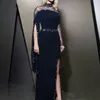 2020 Новые формальные вечерние платья с высоким воротом, темно-синие вечерние платья, кафтан, Дубай, вечерние платья с длинными рукавами и бисером, скромный халат, вечернее платье с разрезом, D267g