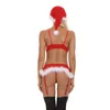 Witte Fuzzy Trim Red Mesh Christmas Holiday Bikini Set met Hoed en Karter Riemen Set Vrouwen Sexy Santa Intimate Apparel Lingerie Sheer Outfit