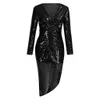 New trendy Women Dress Sexy Deep V-Neck Sequins Wrap Ruched Long Sleeve Nightclub Dresses Plus Size vestidos femininos party @35