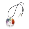 Collana con pendente a pendolo in pietra naturale per donna 7 Chakra Quarzo Albero della vita Guarigione Gioielli in cristallo Reiki Catena in cera con cordoncino in pelle nera