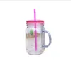 Nouvelle bouteille en plastique à paillettes créatives de 15 oz avec couvercle et paille Summer Drinkware Mason Jar avec poignée Tasse à jus