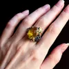 Fashion-Latest Large Oval Golden Crystal CZ Ring Yellow cubic zirconia Jewellery Women's Copper Jewelry Big Cocktail rings