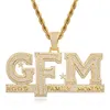 18K Gold Plated Letter God Family Money Pendant Necklace Iced Out Zircon with Stainless Steel Rope Chain
