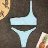 Women Sexy One Shoulder Swimwear Bikini Set Solid White Blue Swimsuit Bikinis 2020 Biquini Mujer Bathing Suit Maillots de bain