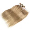 Kisshair kleur 8 lichtbruine as blonde Braziliaanse lichaamsgolf rechte haarbundels met sluiting 100 menselijk haarverlenging