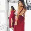 Stunning Dark Red Long Prom Dresses Halter Neck Sleeveless Keyhole Design Open Back Hi Low Evening Party Gowns Overskirt Formal Dress