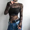 Mulheres T-shirt Lace Ver-Através de manga comprida Top Tees Sexy Ladies Sheer O-Neck Tops Impressão preto Letra Transparente Perspectiva Tee