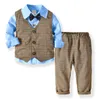 Gentleman Boy Vêtements pour enfants Bébé Ensembles de printemps col rabattu Chemise de couleur unie + Pantalon + Gilet à carreaux + cravate Ensembles de vêtements pour garçon Printemps Automne