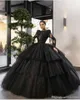 Elegante geweldige baljurk zwarte quinceanera -jurken kanten appliques tule gelaagde speciale gelegenheid feestjurken formele lange vestidos de soiree
