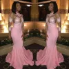 2019 Nowy Custom Made Różowy Prom Dresses Jewel Neck Illusion 3/4 Koronki Długie Rękawy Ruffles Sweep Train Mermaid Evention Specjalne okazje