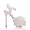 Hot Sale-white lace flowers elegant fashion stiletto heel wedding shoes Platform pearls Bridal sandals