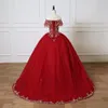 Burgundy Quinceanera Dresses 2023 Long Ball Gown Prom Dress Sweet Sweet 16 Girls Off Shou들어 슬라이버 자수 멍청이 15 anos