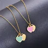 2020 jingyang 316L Stainless Steel Gold-color Pink Green Double Heart Pendant Link Chain Necklace Fashion Jewelry For Women P2307j