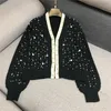 Spring new women's v-neck lantern long sleeve beading paillette lurex patchwork luxury design coarse wool knitted sweater coat casacos