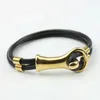 Mode svarta läder armband armband med rostfritt stål platta gul guldfärg för män passar handleds perifer 165185cm4666441