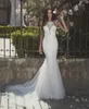 Vestidos de novia de encaje de sirena de moda Vestidos de novia con cuello de joya transparente Vestidos de novia con tren de barrido Trompeta de tul Tallas grandes robe de mari￩e