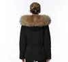 Luxury Meifeng brand rose raccoon fur trim female snow coat black fur lined black mini parka