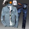 Men's Tracksuits Spring Mens Denim Jacket Pencil Pants 2pcs Set Blue Black Holes Jeans Trousers Casual Size M-3XL D341