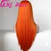 Högkvalitativ mittdel Orange Hår Hand Bundet Syntetisk Lång Lace Front Wig För Black Woman Silky Rak