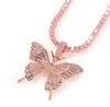 Lodowe różowe motyle wisiorka z 24 -calową tenisową naszyjniki z cyrkonią biżuterię 188m