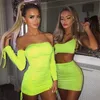 Boofeenaa Neon Green Ruched Off Shoulder Long Sleeve Bodycon Dress Sexy Party Night Club Dresses Spring 2019 C66-ac32 Q190417
