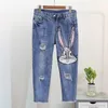 Spring Summer Fashion Women Set Diamond Sequins Cartoon Short Sleeve T-shirt Tops + Hole Denim Pants 2Pcs Feminine Jeans Suits