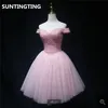 2020 imagem real rosa curto vestido de baile frisado pérolas fora do ombro sexy v pescoço vestidos de baile petite na altura do joelho coquetel dr277T