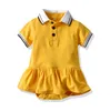 Summer Infant Girls Princess Romper Fashion Kids Lapel Stripe Short Sleeve Ruffle tutu Jumpsuit Cute Yellow Baby Cotton Onesie Y2327