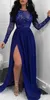 Royal Blue Prom Dresses Sheer Long Sleeves Sequins Appliques Side Split Chiffon Evening Gowns Open Back A Line Party Dress